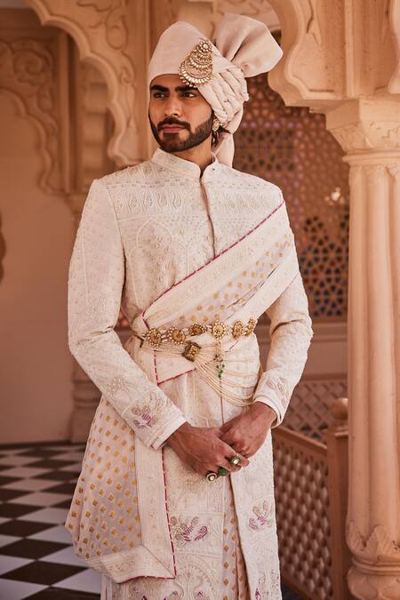 Buy_Yajy By Aditya Jain_Pink Silk Embroidery, Sequins Royal Snowfall Sherwani Set _Online_at_Aza_Fashions