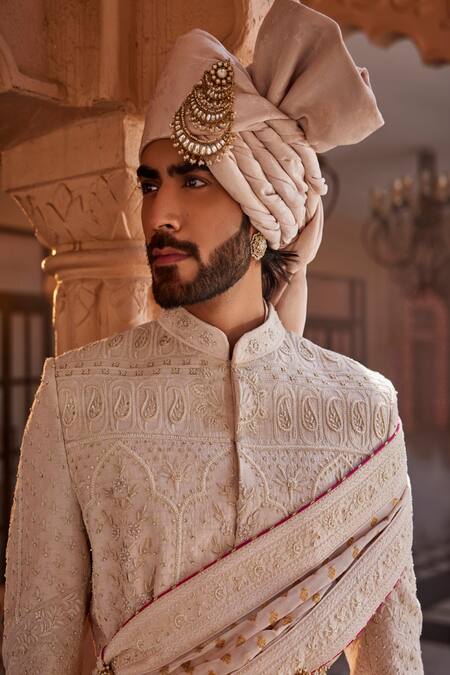 Shop_Yajy By Aditya Jain_Pink Silk Embroidery, Sequins Royal Snowfall Sherwani Set _Online_at_Aza_Fashions