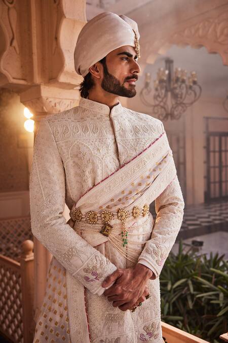 Yajy By Aditya Jain_Pink Silk Embroidery, Sequins Royal Snowfall Sherwani Set _at_Aza_Fashions