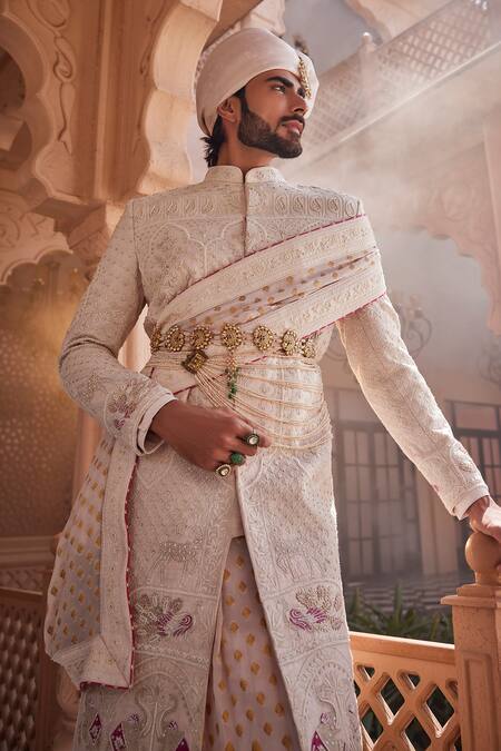 Buy_Yajy By Aditya Jain_Pink Silk Embroidery, Sequins Royal Snowfall Sherwani Set 