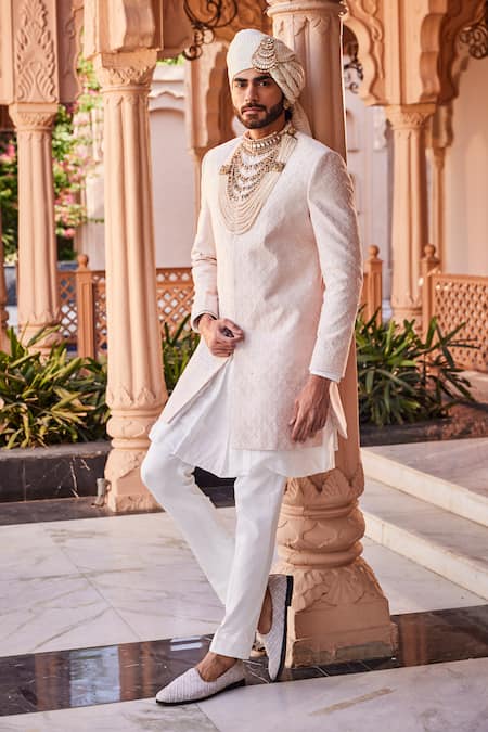 Yajy By Aditya Jain Glistening Frost Sherwani Set 