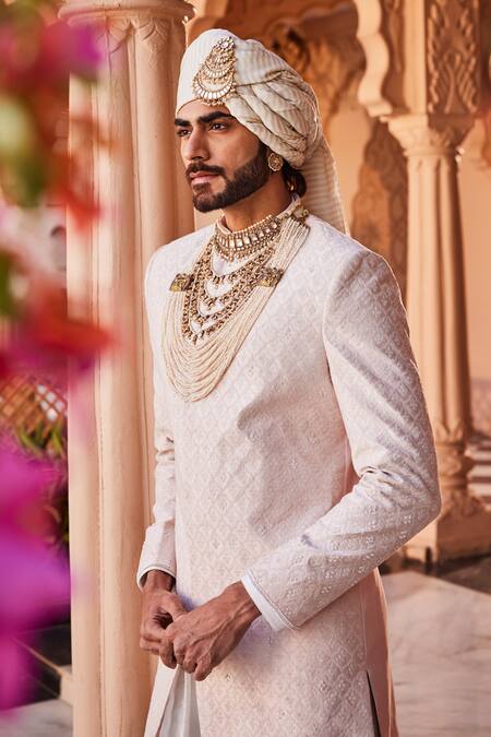 Buy_Yajy By Aditya Jain_Pink Beads Glistening Frost Sherwani Set _Online_at_Aza_Fashions