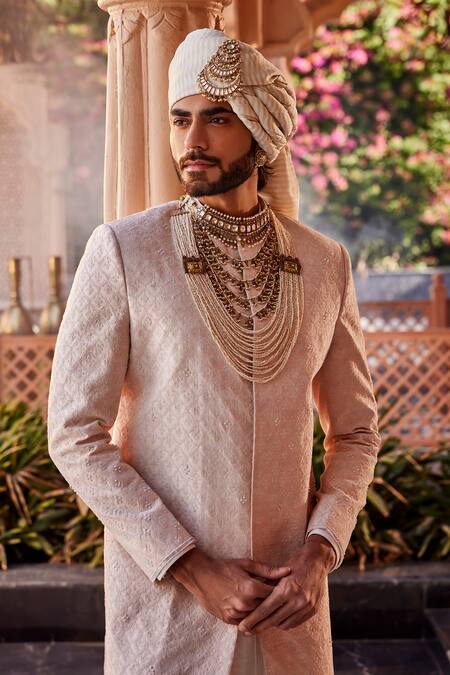 Shop_Yajy By Aditya Jain_Pink Beads Glistening Frost Sherwani Set _Online_at_Aza_Fashions