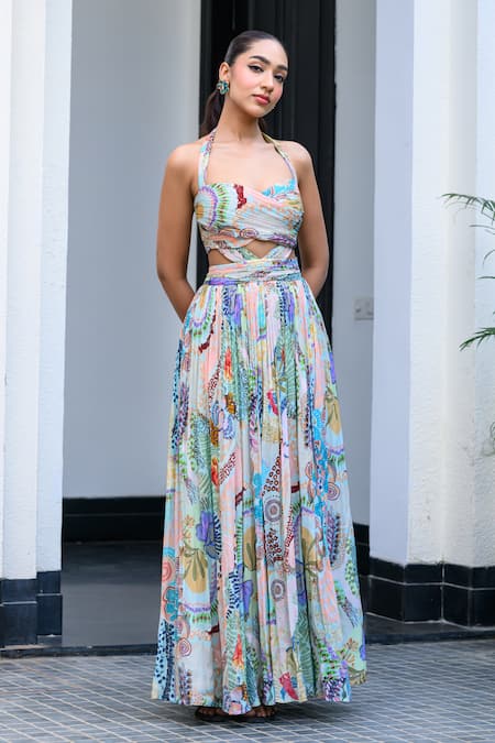 Buy_Juhi Bengani_Sky Blue Chinon Halter Neck Gardenia Dress _Online_at_Aza_Fashions