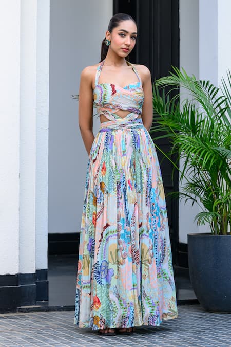 Buy_Juhi Bengani_Sky Blue Chinon Halter Neck Gardenia Dress 