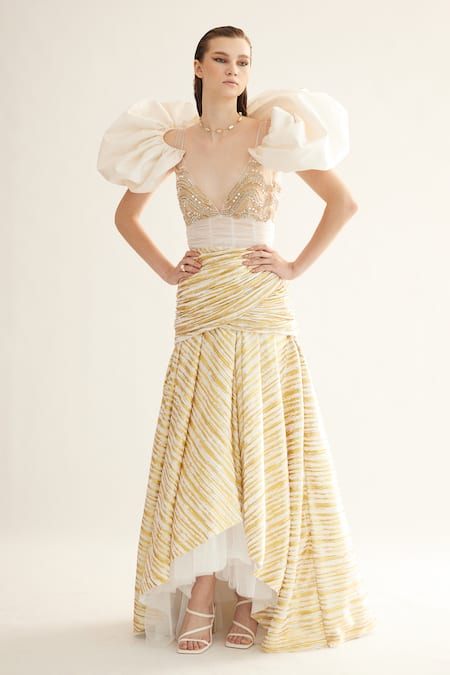 Tisharth by Shivani Gold Polyester Beads, Pearls V-neck Metallic Designer Dress 