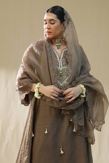 Buy_Arpita Sulakshana_Brown Chanderi Silk, Lurex, Cotton, Organza Tassels, Mocha Heart A Line Suit Set _Online_at_Aza_Fashions