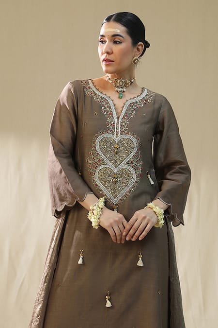 Shop_Arpita Sulakshana_Brown Chanderi Silk, Lurex, Cotton, Organza Tassels, Mocha Heart A Line Suit Set _Online_at_Aza_Fashions