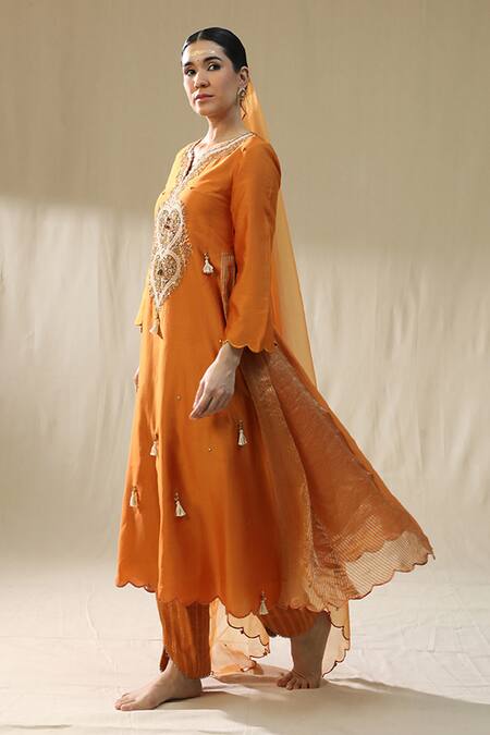Arpita Sulakshana_Orange Chanderi Silk, Lurex, Cotton, Organza Tassels, Heart A-line Suit Set _Online_at_Aza_Fashions