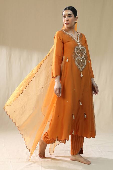 Shop_Arpita Sulakshana_Orange Chanderi Silk, Lurex, Cotton, Organza Tassels, Heart A-line Suit Set _Online_at_Aza_Fashions