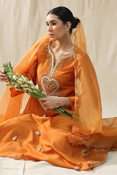 Arpita Sulakshana_Orange Chanderi Silk, Lurex, Cotton, Organza Tassels, Heart A-line Suit Set _at_Aza_Fashions