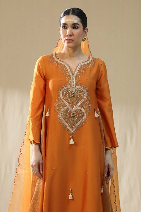 Buy_Arpita Sulakshana_Orange Chanderi Silk, Lurex, Cotton, Organza Tassels, Heart A-line Suit Set 