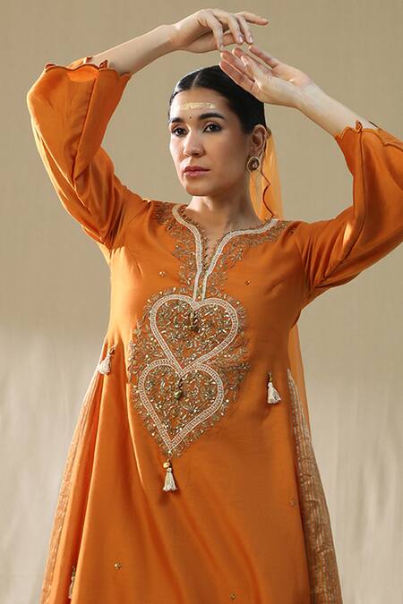 Shop_Arpita Sulakshana_Orange Chanderi Silk, Lurex, Cotton, Organza Tassels, Heart A-line Suit Set 