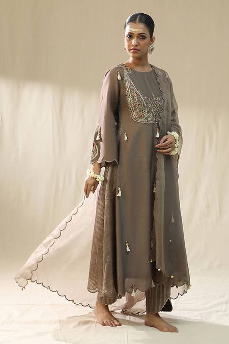 Arpita Sulakshana_Brown Chanderi Silk, Cotton, Silk, Organza Tassels, Mocha A-line Kurta Set _Online_at_Aza_Fashions