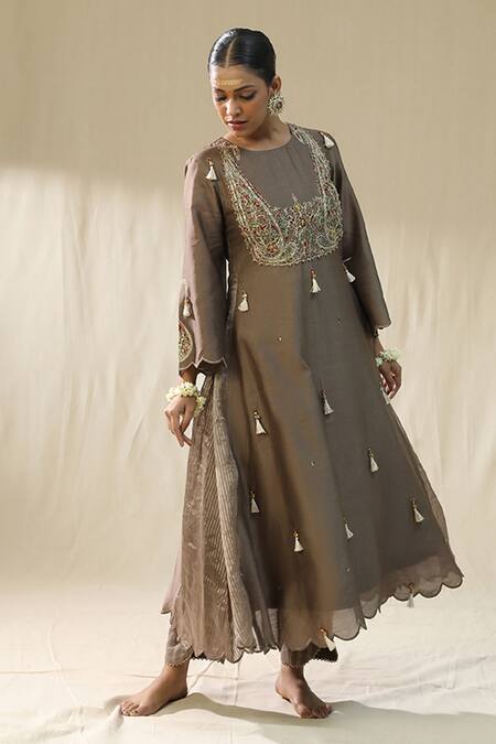 Buy_Arpita Sulakshana_Brown Chanderi Silk, Cotton, Silk, Organza Tassels, Mocha A-line Kurta Set _Online_at_Aza_Fashions