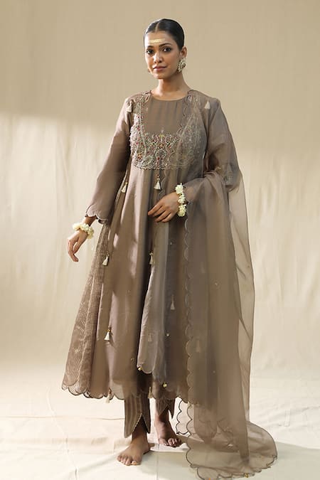 arpita sulakshana Brown Chanderi Silk, Cotton Satin, Organza Tassels, Mocha A-line Kurta Set 