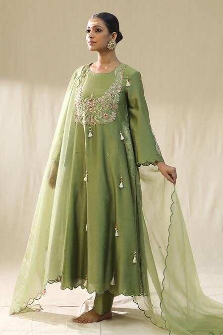 Arpita Sulakshana_Olive Green Chanderi Silk, Cotton, Silk, Organza Dori Zardozi A-line Suit Set _Online_at_Aza_Fashions