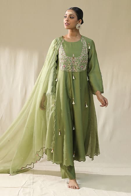 arpita sulakshana Olive Green Chanderi Silk, Cotton, Silk, Organza Dori Zardozi A-line Suit Set 