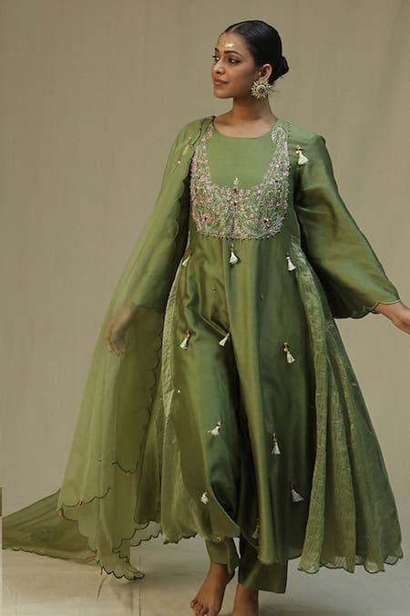 Shop_Arpita Sulakshana_Olive Green Chanderi Silk, Cotton, Silk, Organza Dori Zardozi A-line Suit Set _Online_at_Aza_Fashions
