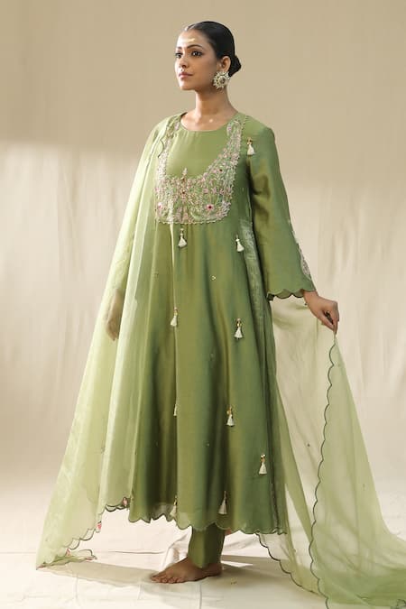 Arpita Sulakshana_Olive Green Chanderi Silk, Cotton, Silk, Organza Dori Zardozi A-line Suit Set _at_Aza_Fashions