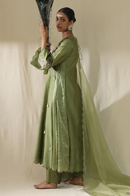 Buy_Arpita Sulakshana_Olive Green Chanderi Silk, Cotton, Silk, Organza Dori Zardozi A-line Suit Set 