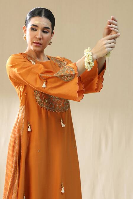 Buy_Arpita Sulakshana_Orange Chanderi Silk, Cotton, Silk, Organza Zari, Embroidery, A Line Kurta Set _Online_at_Aza_Fashions
