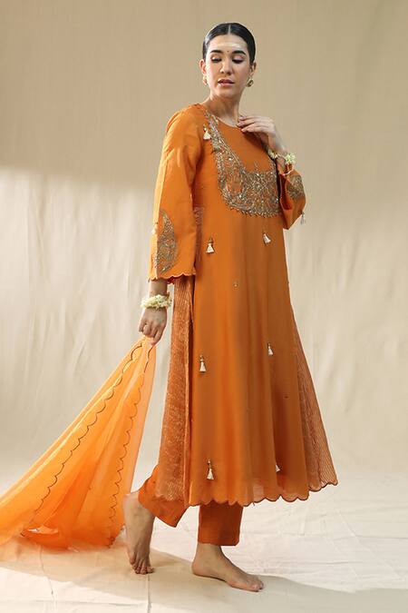 Shop_Arpita Sulakshana_Orange Chanderi Silk, Cotton, Silk, Organza Zari, Embroidery, A Line Kurta Set _Online_at_Aza_Fashions