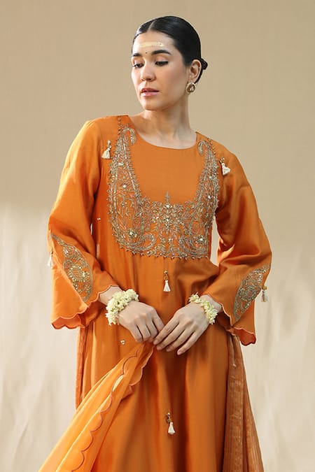 Arpita Sulakshana_Orange Chanderi Silk, Cotton, Silk, Organza Zari, Embroidery, A Line Kurta Set _at_Aza_Fashions