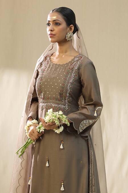 Arpita Sulakshana_Brown Chanderi Silk, Cotton, Silk, Organza Tassels Round Mocha A-line Suit Set _Online_at_Aza_Fashions