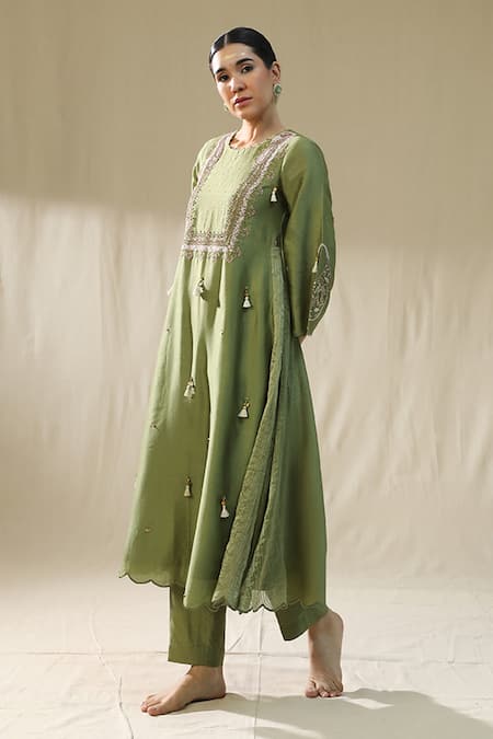 Arpita Sulakshana_Olive Green Chanderi Silk, Cotton, Silk, Organza Dori Zardozi A-line Suit Set _Online_at_Aza_Fashions