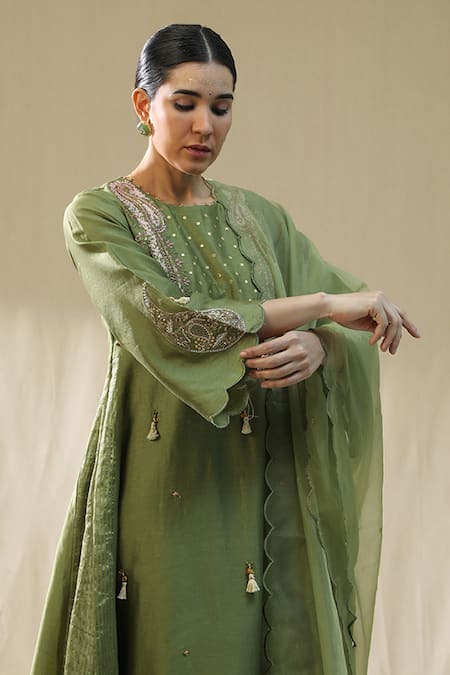 Buy_Arpita Sulakshana_Olive Green Chanderi Silk, Cotton, Silk, Organza Dori Zardozi A-line Suit Set _Online_at_Aza_Fashions