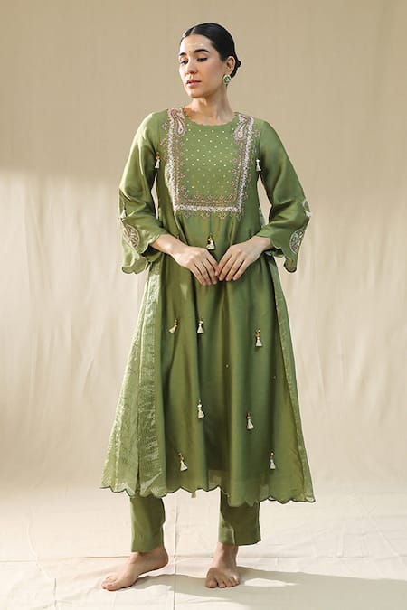 Shop_Arpita Sulakshana_Olive Green Chanderi Silk, Cotton, Silk, Organza Dori Zardozi A-line Suit Set _Online_at_Aza_Fashions