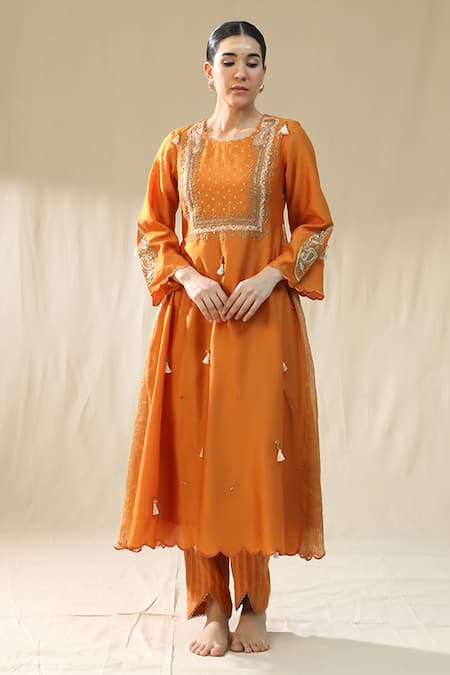 Arpita Sulakshana_Orange Chanderi Silk, Cotton, Silk, Organza Zari, Designer A-line Suit Set _Online_at_Aza_Fashions