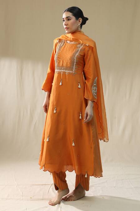 Shop_Arpita Sulakshana_Orange Chanderi Silk, Cotton, Silk, Organza Zari, Designer A-line Suit Set _Online_at_Aza_Fashions