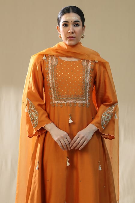 Arpita Sulakshana_Orange Chanderi Silk, Cotton, Silk, Organza Zari, Designer A-line Suit Set _at_Aza_Fashions