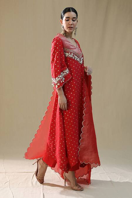 Arpita Sulakshana_Red Chanderi Silk, Cotton, Silk, Kota Doria Zari, Embroidery Self Suit Set _Online_at_Aza_Fashions