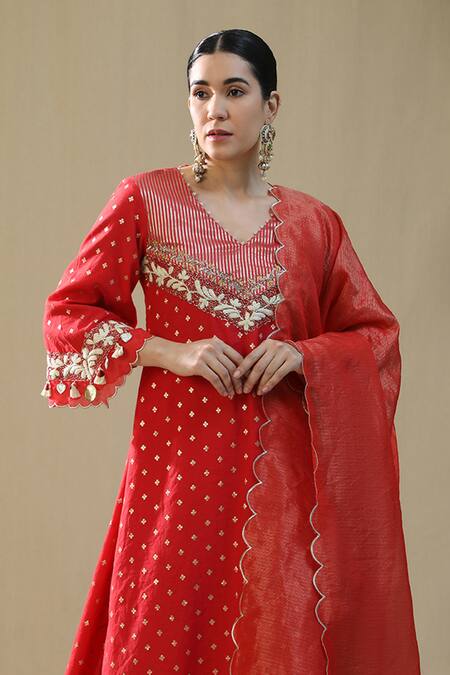 Shop_Arpita Sulakshana_Red Chanderi Silk, Cotton, Silk, Kota Doria Zari, Embroidery Self Suit Set _Online_at_Aza_Fashions