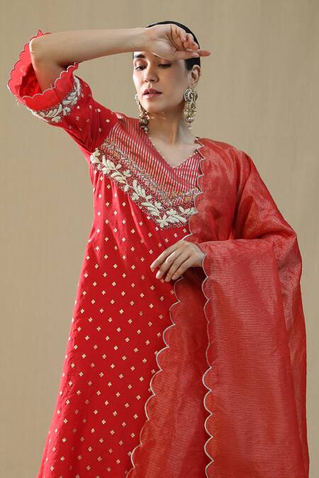 Arpita Sulakshana_Red Chanderi Silk, Cotton, Silk, Kota Doria Zari, Embroidery Self Suit Set _at_Aza_Fashions