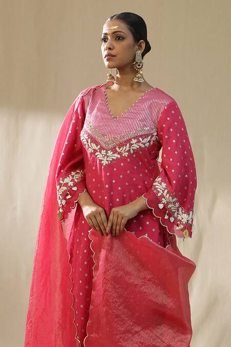 Arpita Sulakshana_Pink Chanderi Silk, Cotton, Silk, Kota Doria Embroidery, Zari Self Suit Set _Online_at_Aza_Fashions
