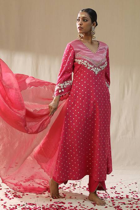 Shop_Arpita Sulakshana_Pink Chanderi Silk, Cotton, Silk, Kota Doria Embroidery, Zari Self Suit Set _Online_at_Aza_Fashions