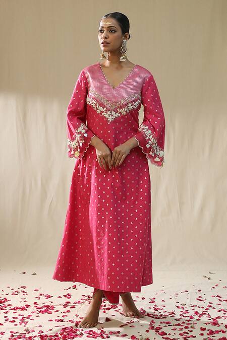 Arpita Sulakshana_Pink Chanderi Silk, Cotton, Silk, Kota Doria Embroidery, Zari Self Suit Set _at_Aza_Fashions