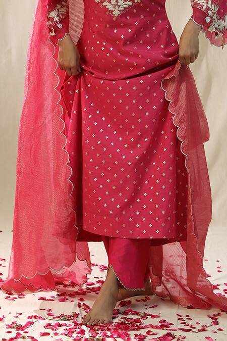 Buy_Arpita Sulakshana_Pink Chanderi Silk, Cotton, Silk, Kota Doria Embroidery, Zari Self Suit Set 