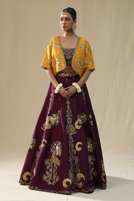 arpita sulakshana Purple Silk Zari, Embroidery, Beads, Sequins Round Neck Brushstroke Lehenga Set 