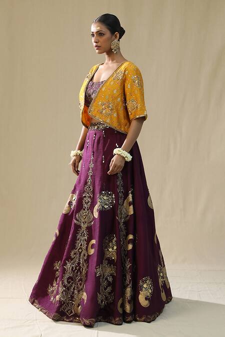 Arpita Sulakshana_Purple Silk Zari, Embroidery, Beads, Sequins Round Neck Brushstroke Lehenga Set _Online_at_Aza_Fashions