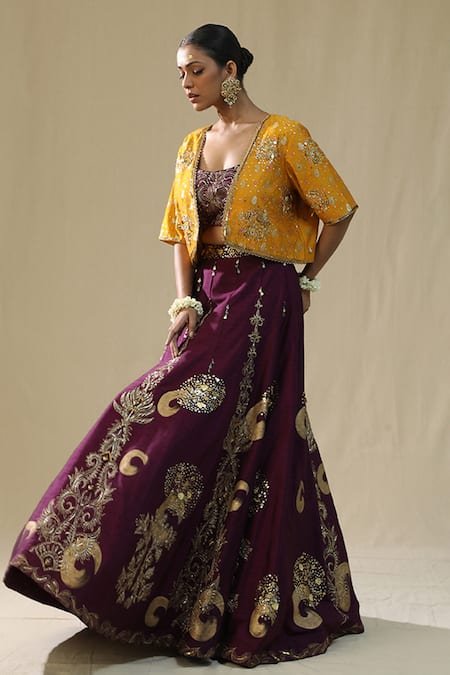 Buy_Arpita Sulakshana_Purple Silk Zari, Embroidery, Beads, Sequins Round Neck Brushstroke Lehenga Set _Online_at_Aza_Fashions