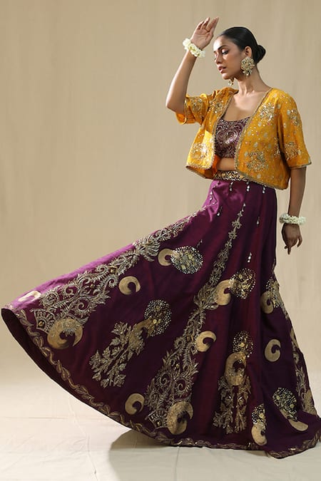 Shop_Arpita Sulakshana_Purple Silk Zari, Embroidery, Beads, Sequins Round Neck Brushstroke Lehenga Set _Online_at_Aza_Fashions