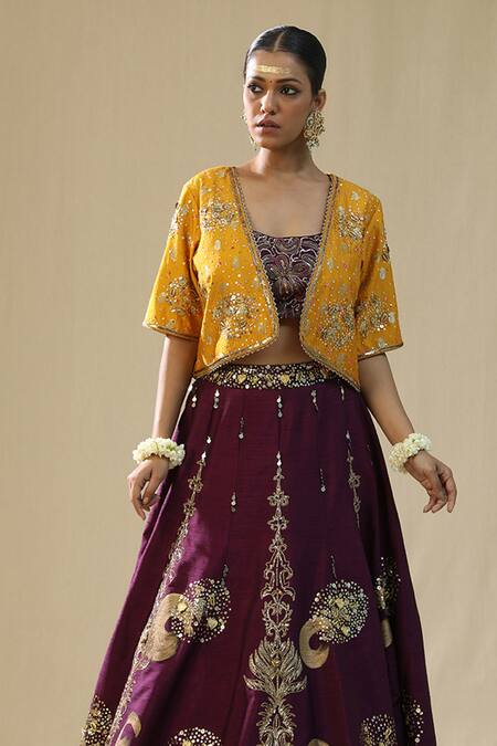 Arpita Sulakshana_Purple Silk Zari, Embroidery, Beads, Sequins Round Neck Brushstroke Lehenga Set _at_Aza_Fashions