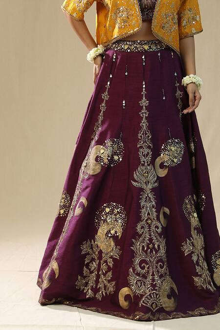 Buy_Arpita Sulakshana_Purple Silk Zari, Embroidery, Beads, Sequins Round Neck Brushstroke Lehenga Set 