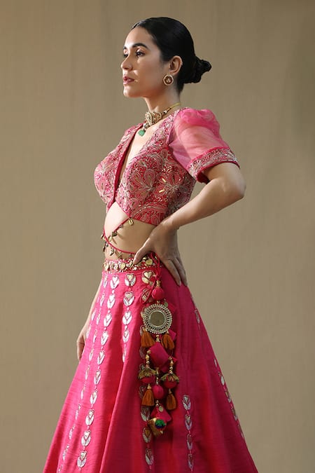 Arpita Sulakshana_Pink Silk, Net Embroidery, Zari, Tassels V-neck Leopard Handpainted Lehenga Set _Online_at_Aza_Fashions