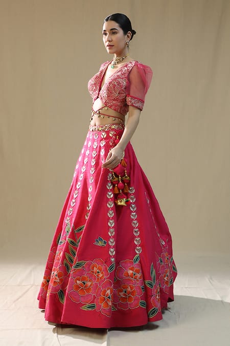 Buy_Arpita Sulakshana_Pink Silk, Net Embroidery, Zari, Tassels V-neck Leopard Handpainted Lehenga Set _Online_at_Aza_Fashions